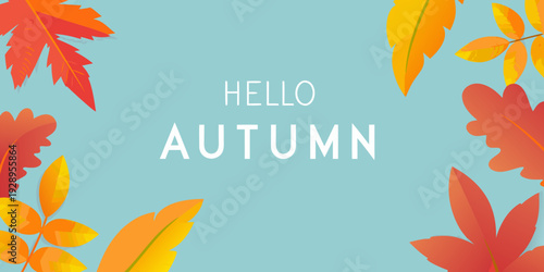 Hello autumn text with colorful falling leaves on a blue background