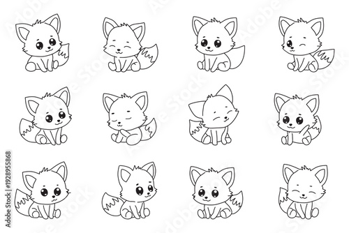 Set of handrawn baby fox variant different activity design. baby fox animal design