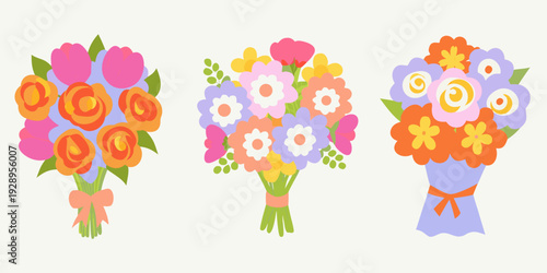 Three colorful bouquets of flowers arranged in a simple illustrative style