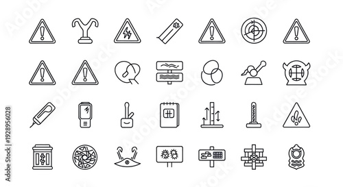 Collection of 25 black and white road and construction warning signs and symbols