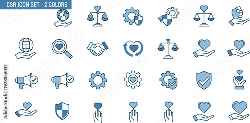 Corporate social responsibility icons set for ethical business practice community support social impact environmental sustainability global philanthropy and charity.