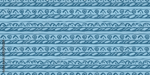 Abstract blue pattern with repeating hand drawn wavy and geometric lines