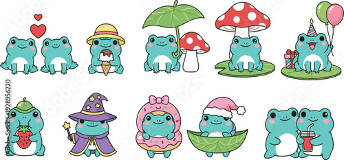 Cute Blue Frog Cartoon Characters Collection with Umbrella, Mushroom, Ice Cream, Wizard Costume and Birthday Party Vector Set