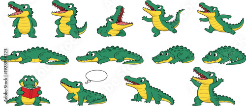Cute cartoon alligator character set reading book and thinking, funny green crocodile mascot in various playful poses for kids education and storytelling vector.
