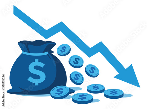 Modern flat design illustration of a money bag losing coins depicting a financial downturn with a decreasing arrow for economy and business