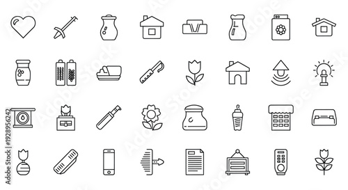 A collection of 30 small black and white line icons representing various objects and symbols