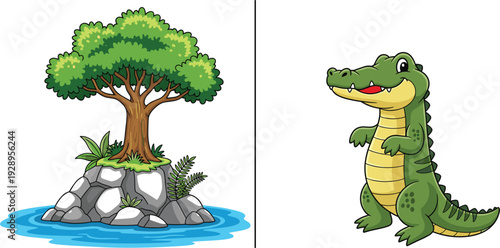 Cute cartoon crocodile character and tropical island with tree and rocks, wildlife alligator mascot with nature habitat landscape for children design.