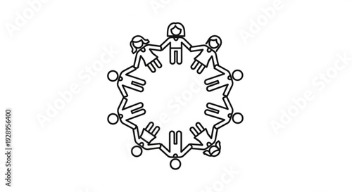 Illustration of interconnected people forming a circular unity symbolizing teamwork and cooperation in a simple black and line art style