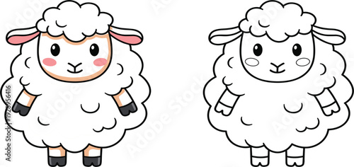 Cute Cartoon Sheep Character Color and Outline Version Vector Illustration for Kids Farm Animal Design