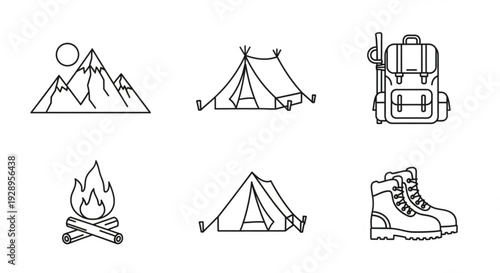 Camping scene with mountains, tent, backpack, campfire, and hiking boot icons in a simple line art style.