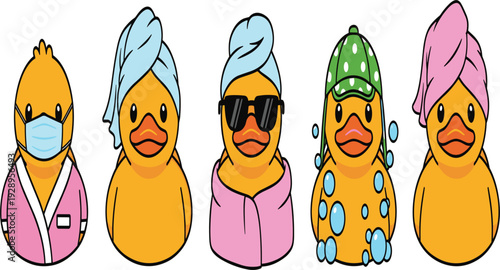 Cute Duck Spa Characters Vector Set with Towel Sunglasses Face Mask Shower Cap and Bathrobe Cartoon Illustration