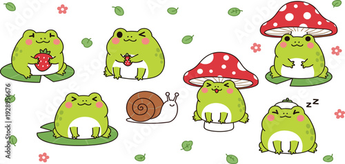 Cute Kawaii Frog Characters with Strawberry, Mushroom Hat, Snail and Sleeping Pose Cartoon Vector Illustration Set