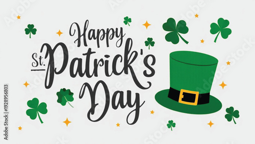Festive 'Happy St. Patrick's Day' celebration with shamrocks and a green hat, perfect for holiday greetings and Irish-themed events
