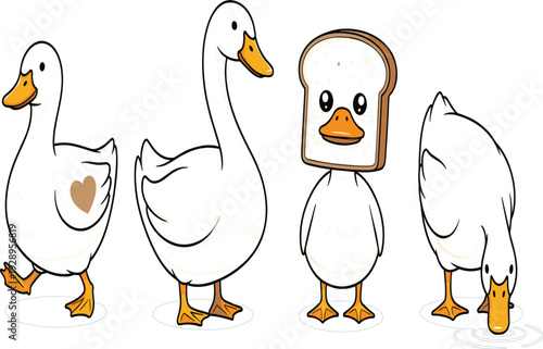 Cute White Goose Cartoon Vector Set with Funny Bread Head Character Walking Standing and Drinking Poses Illustration