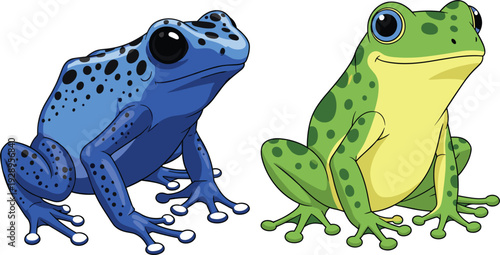 Detailed Blue Poison Dart Frog and Green Spotted Tree Frog Realistic Amphibian Vector Illustration Set Isolated on White Background