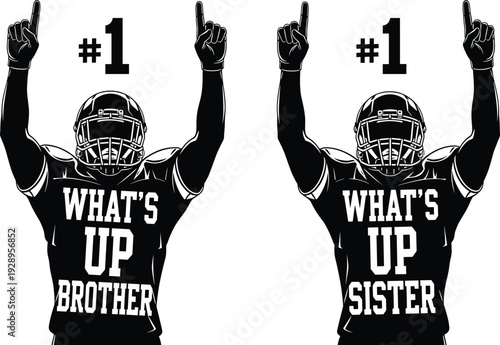 American football player silhouette illustration, brother and sister fans showing number one gesture, team spirit celebration design, black white art