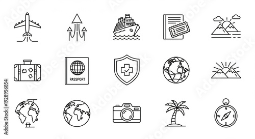 Travel icons collection featuring symbols for adventure, exploration, safety, and culture in a simple line art style