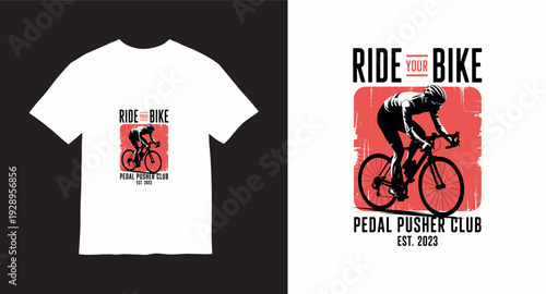 Ride your bike pedal pusher club cycling t-shirt design with road cyclist silhouette on red background