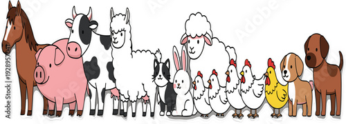 Farm Animals Cartoon Vector Collection with Horse Pig Cow Alpaca Sheep Rabbit Cat Chickens and Dogs Isolated Illustration Set