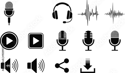 Audio podcast icon set illustration, microphone headphones waveform symbols, sound media controls, play share download buttons, isolated black vector collection