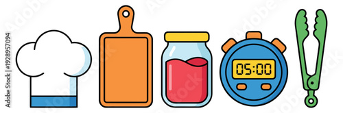 Line art kitchen utensils set featuring a chef hat, cutting board, jam jar, kitchen timer, and food tongs for home cooking