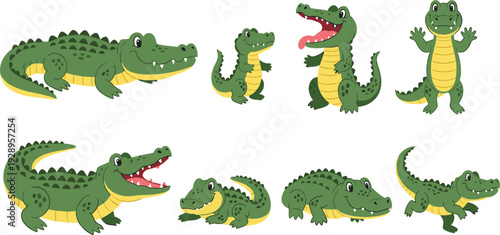 Funny green crocodile character set with various expressive poses and emotions, cute alligator mascot collection for kids education, games and storytelling stickers.