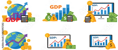 Global GDP economic growth concept with world globe financial charts money bags and bar graphs for  market analysis vectors.