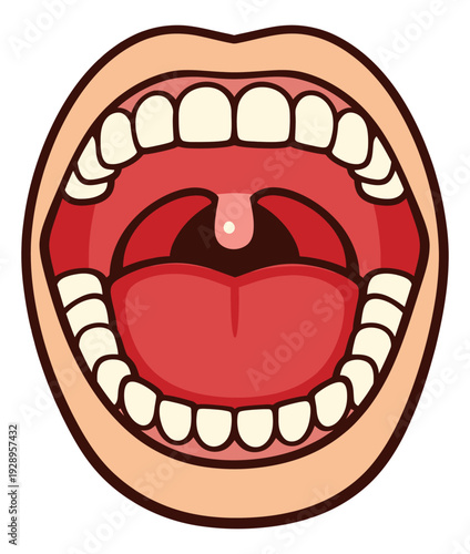 Cartoon style illustration of an open mouth depicting teeth, tongue, and uvula for dental and medical education