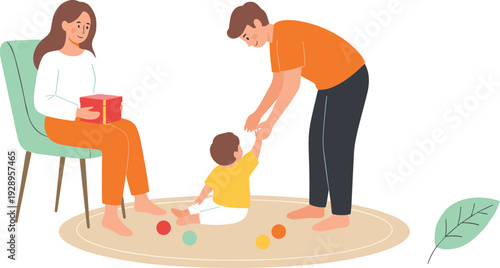 Family scene illustration, adults and child interacting with gift box and toys on rug, caregiving and playtime theme - flat vector illustration