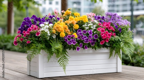 Colorful petunia flower arrangement in white planter box