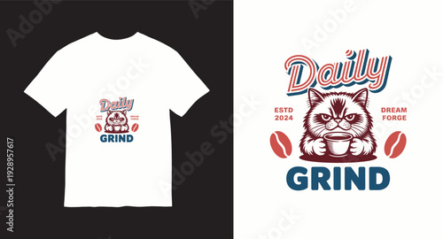 Daily grind grumpy cat coffee lover vintage t-shirt design with coffee beans and retro text