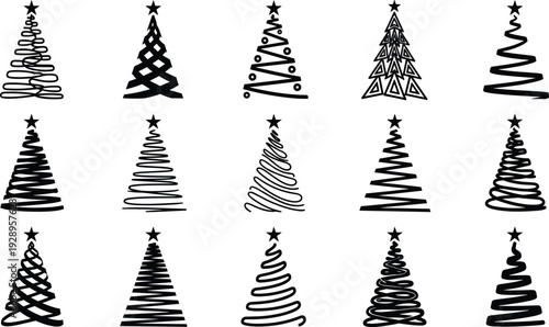 Christmas tree silhouette illustration set, festive designs with stars, abstract and traditional holiday patterns theme - flat vector illustration