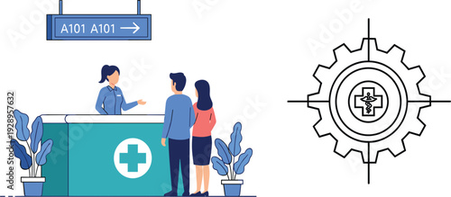 Medical administration scene with clinic reception staff assisting patients for hospital management operational services and healthcare facility navigation.