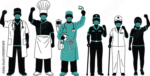 Essential workers silhouette illustration set, professions with face masks raising fists, unity and solidarity theme - flat vector illustration
