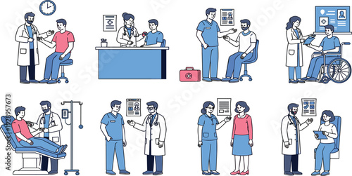 Medical Consultation and Hospital Patient Care Scene Set with Doctor Nurse Patient Checkup Physical Exam and Rehabilitation Services Vector Illustration
