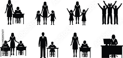 Family and education silhouette illustration set, teachers, parents, children in learning and caregiving scenes, professional and home roles theme - flat vector illustration