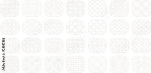 Minimal geometric line pattern collection with abstract ornamental tiles in soft neutral tones, modern seamless vector set for wallpaper, textile, and surface design