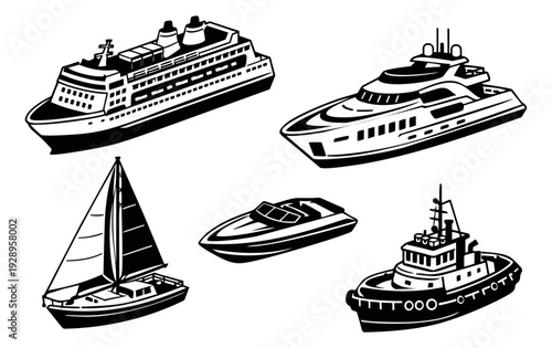Graphic watercraft set featuring a cruise ship, yacht, sailboat, speed boat, and tugboat for travel and transport