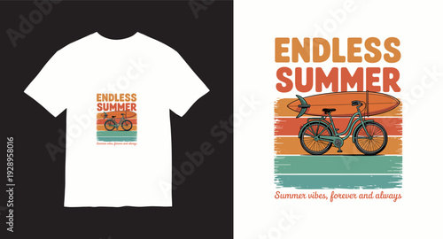 Endless summer vibes, forever and always, vintage surf bike t-shirt design, retro beach scene graphic
