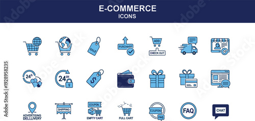 Professional Blue Line E-commerce Icon Set Featuring Shopping Carts Sale Tags Delivery Trucks Wallets and Online Business 