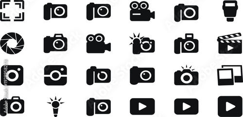 Photography and videography icon set with camera, video, flash and media symbols, modern black silhouette vector collection for web, app, and branding design