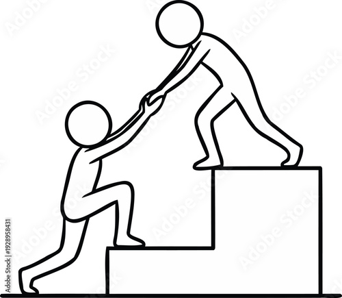Two people helping each other climb up the stairs, a symbol of teamwork and cooperation, illustrated in a simple vector graphic.