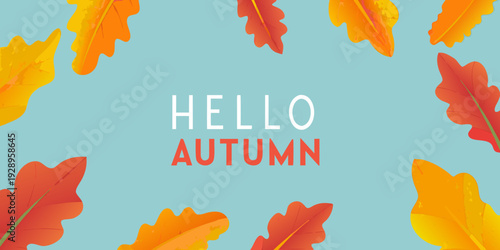 Hello autumn text with falling orange and yellow leaves on blue