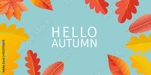 Hello autumn text surrounded by colorful falling maple leaves