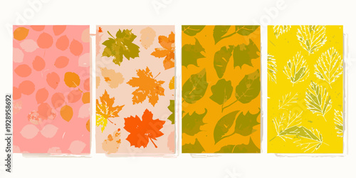 Four vertical panels displaying autumnal botanical patterns and warm colors