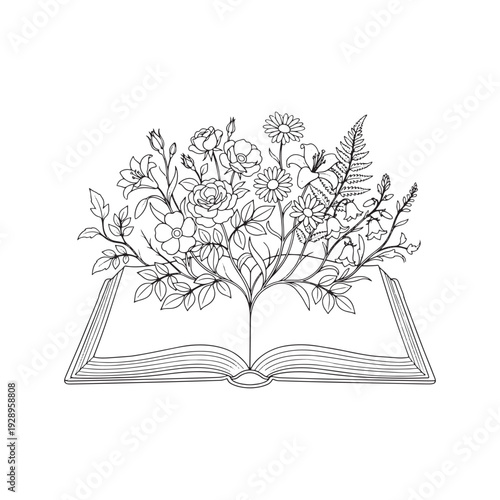 A black and white illustration of an open book with a tree growing out of it, adorned with flowers and leaves, symbolizing knowledge and nature.