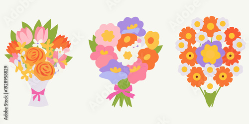 Three colorful bouquets of flowers arranged in a simple flat style