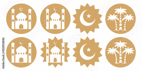 Islamic themed circular emblems featuring mosques stars crescent moons and palms
