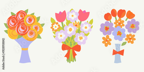 Three colorful bouquets of flowers arranged in a row illustration