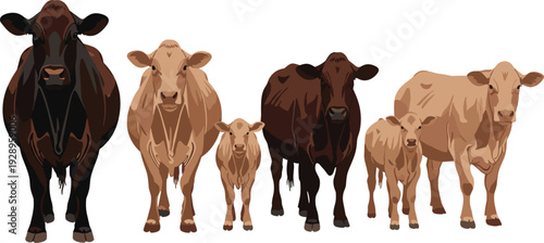 Realistic Brown Cows and Calves Herd Front View Farm Livestock Vector Illustration Set